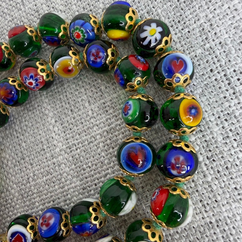 Millefiori Murano Glass Knotted Italian Floral Beaded Necklace 24" VTG - Picture 4 of 11